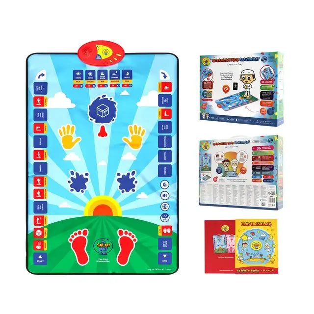 Kids Interactive Prayer Mat (Blue) laid flat beside its box front, box back and activity book