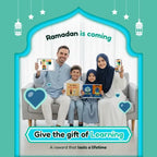 Family of four on a sofa holding a tablet, a phone and printed Islamic learning activity books