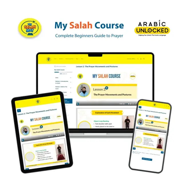 My Salah Course lesson on prayer movements shown on a laptop, tablet and phone, with the Arabic Unlocked logo