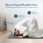 Man in white prostrating in sujood on the Dark Arabic Calligraphy padded prayer mat, with cushioning benefits listed