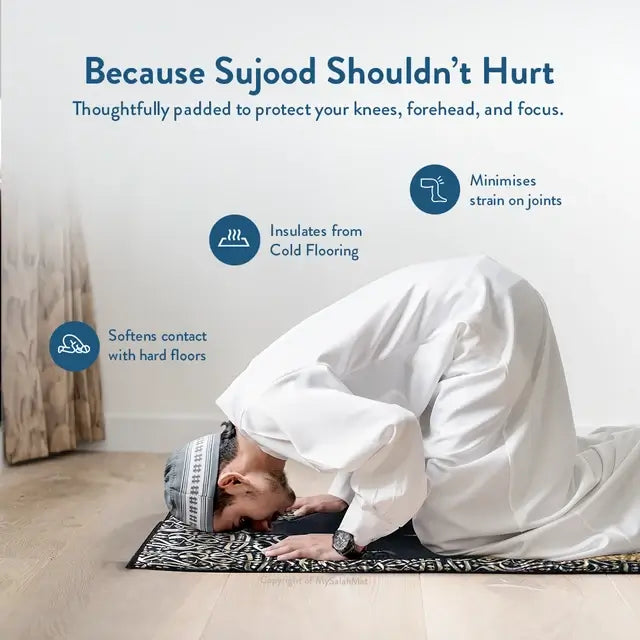 Man in white prostrating in sujood on the Dark Arabic Calligraphy padded prayer mat, with cushioning benefits listed