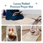 Collage of people praying and reading the Quran on the Luxury Sand Arched padded prayer mat
