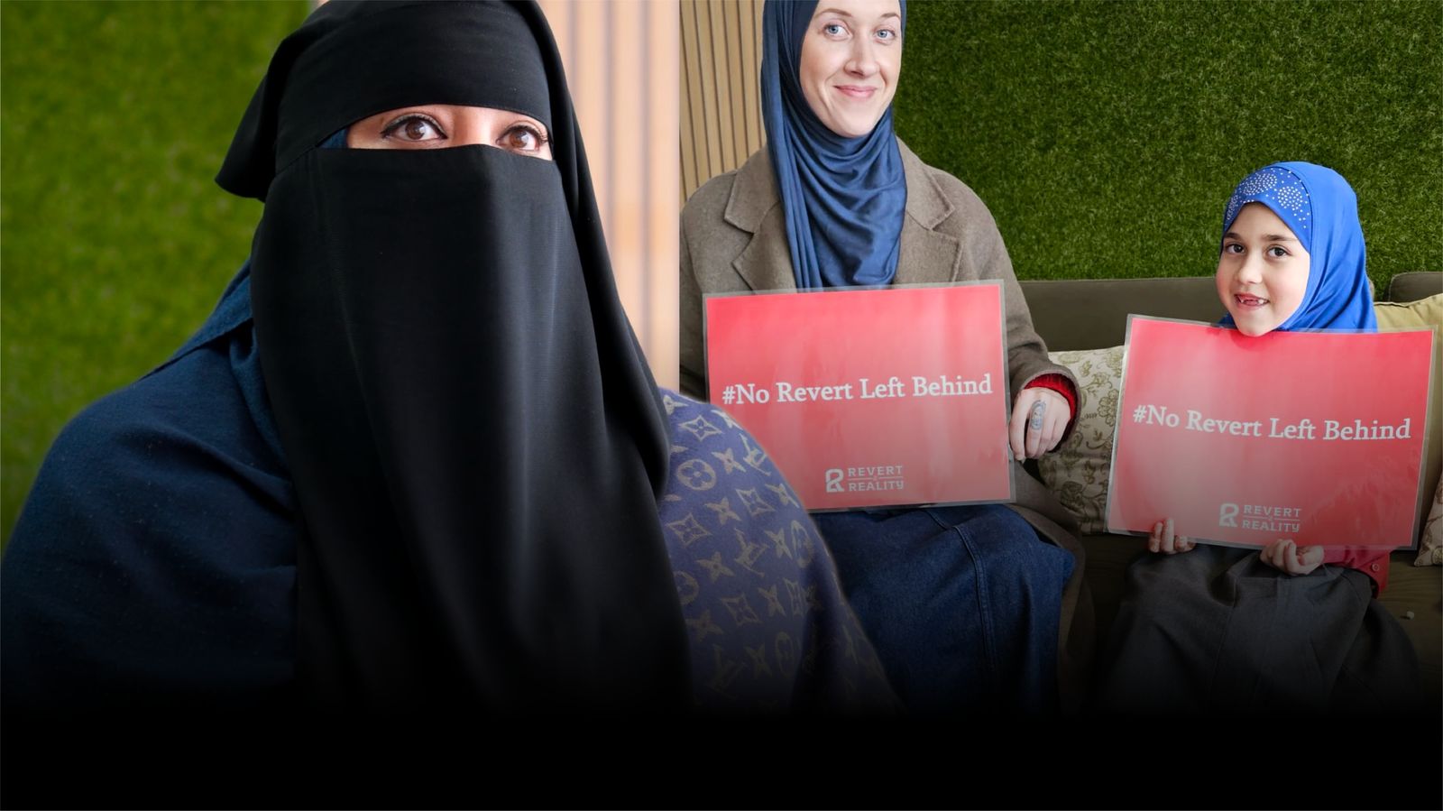 Sisters and a child holding No Revert Left Behind signs