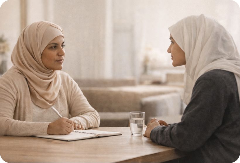 Two sisters talking across a table