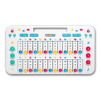 My ABC Piano front view on a black background, with A to Z keys in two rows and coloured buttons