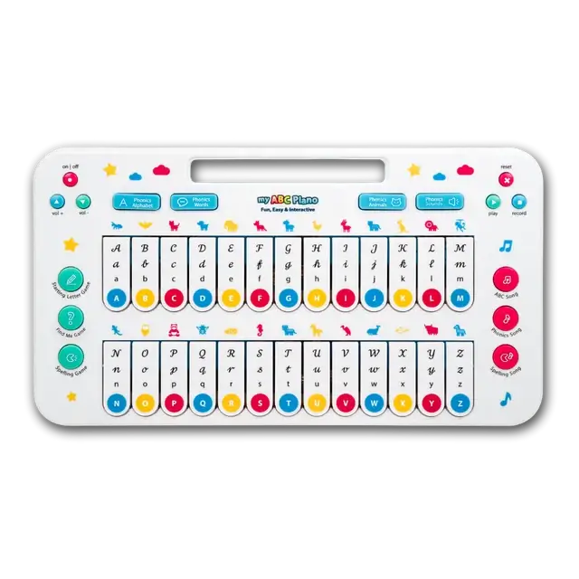 My ABC Piano front view on a black background, with A to Z keys in two rows and coloured buttons