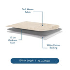 Layer diagram of the Luxury Sand Arched padded prayer mat: woven top, foam padding and white cotton backing