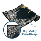 Dark Arabic Calligraphy padded prayer mat loosely rolled, with a close-up of its printed design