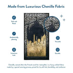 Feature graphic: Dark Arabic Calligraphy padded prayer mat made from plush chenille fabric, with a close-up of the pattern
