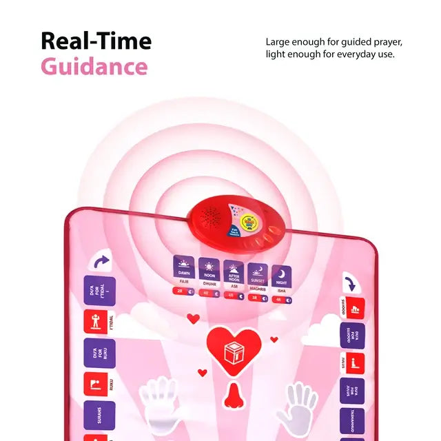 Red speaker at the top of the Kids Interactive Prayer Mat (Pink) with sound rings spreading out