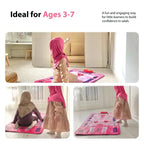 Girls learning on the Kids Interactive Prayer Mat (Pink) in a bright playroom, shown in three photos for ages 3 to 7