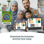 Family of four holding a printed Palestine activity book, tablets, a phone and a laptop showing the Ramadan pack