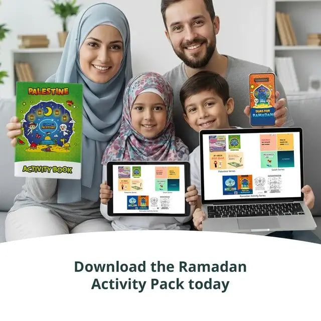 Family of four holding a printed Palestine activity book, tablets, a phone and a laptop showing the Ramadan pack