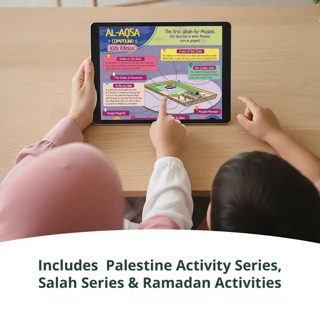 Two children touching a tablet that shows a kids' guide to the Al-Aqsa compound
