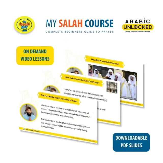 Course slides on Jumu'ah, Eid prayer and the practicality of Islam, with an on-demand video lessons label
