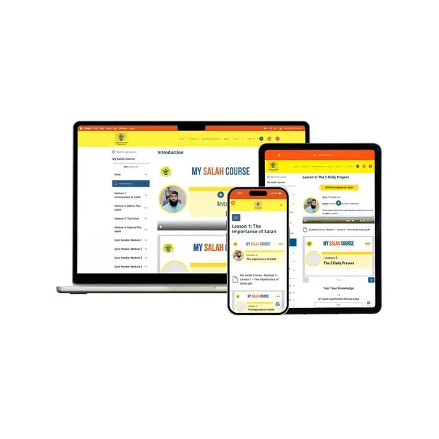 My Salah Online Course video lessons shown on a laptop, tablet and phone