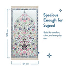 Size diagram of the Spring Blossoms padded prayer mat, with its length and width marked beside the mat