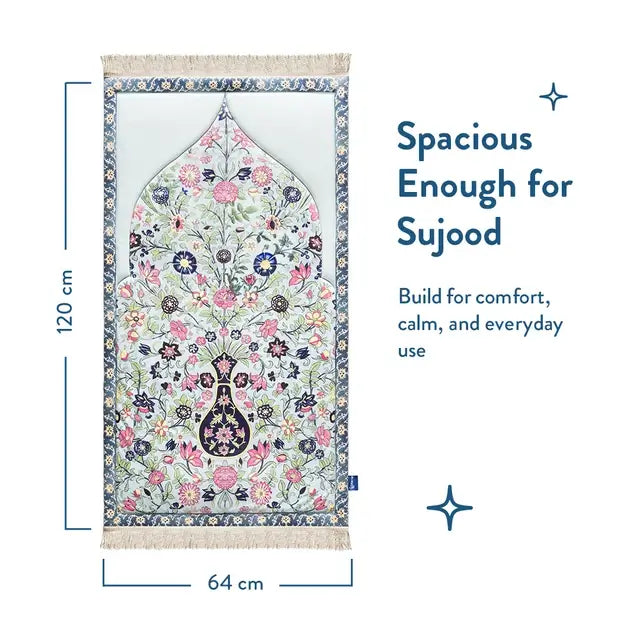 Size diagram of the Spring Blossoms padded prayer mat, with its length and width marked beside the mat