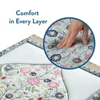 Hand pressing the cushioned surface of the Spring Blossoms padded prayer mat in a close-up