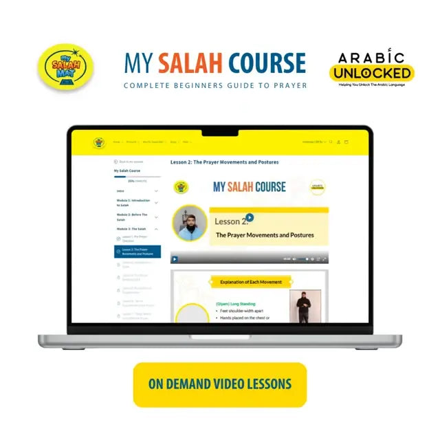 Laptop showing a My Salah Course lesson on the prayer movements, labelled on-demand video lessons