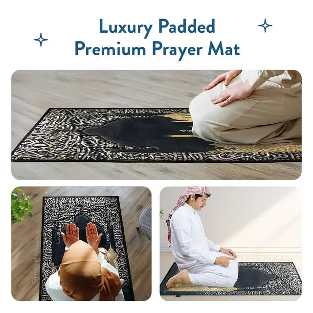 Collage of the Dark Arabic Calligraphy padded prayer mat in use: kneeling in prayer, raising hands in dua and sitting