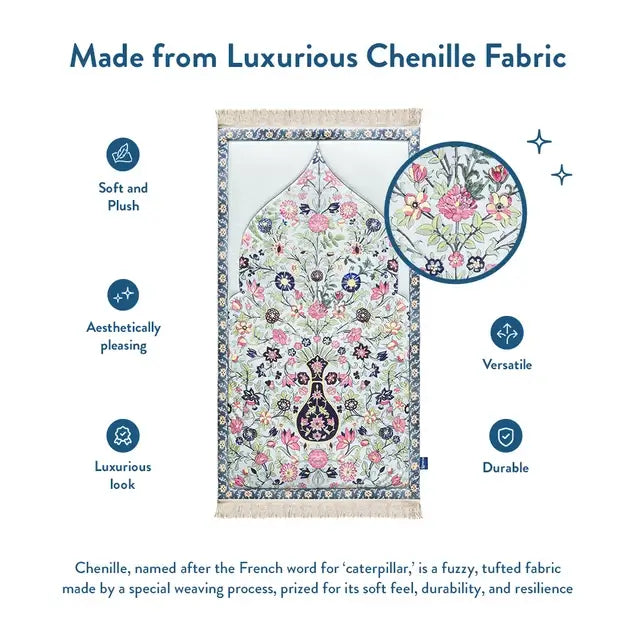 Feature graphic: the Spring Blossoms padded prayer mat is made from soft, plush chenille, with a pattern close-up
